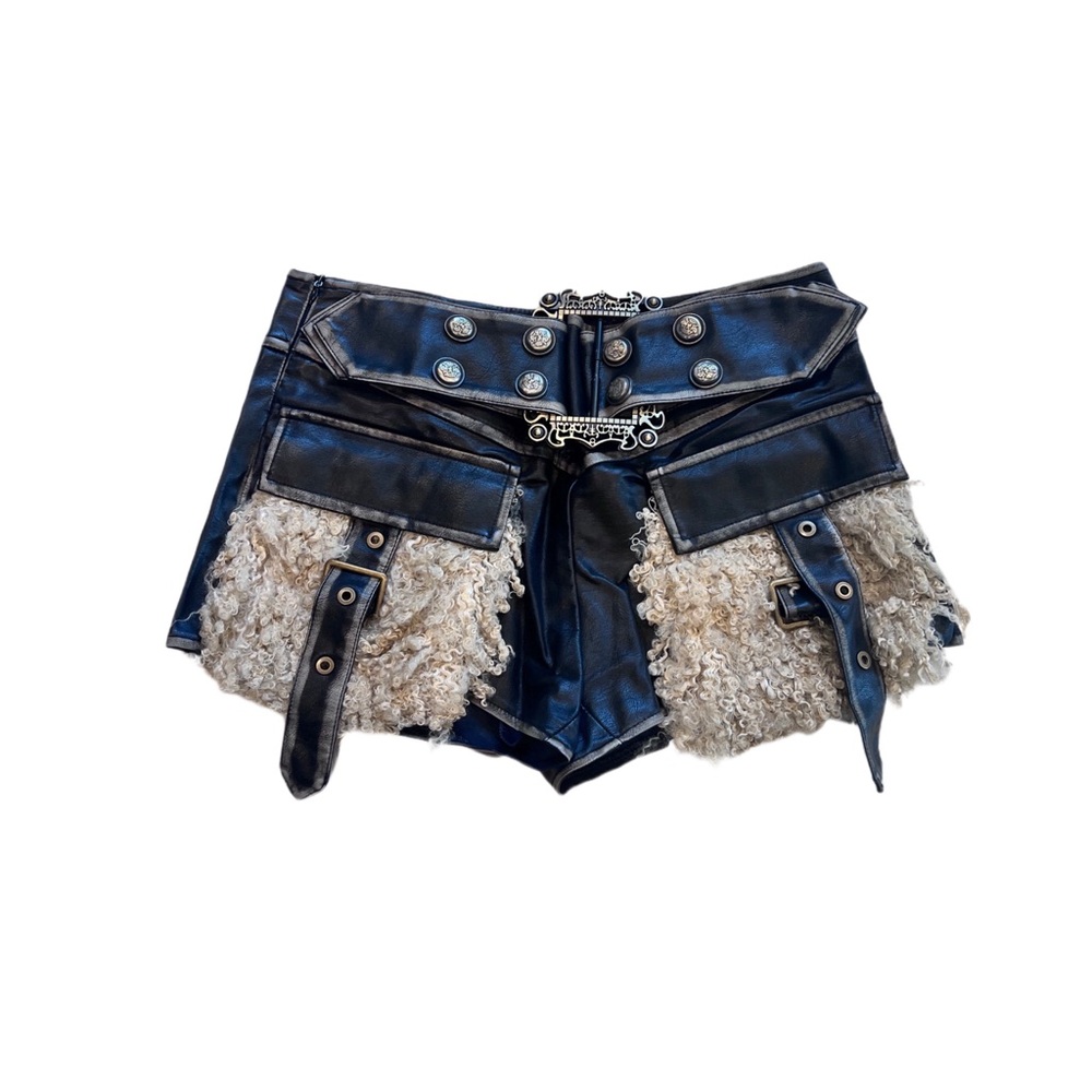 Black y2k western leather buckle belt low waist shorts with fur